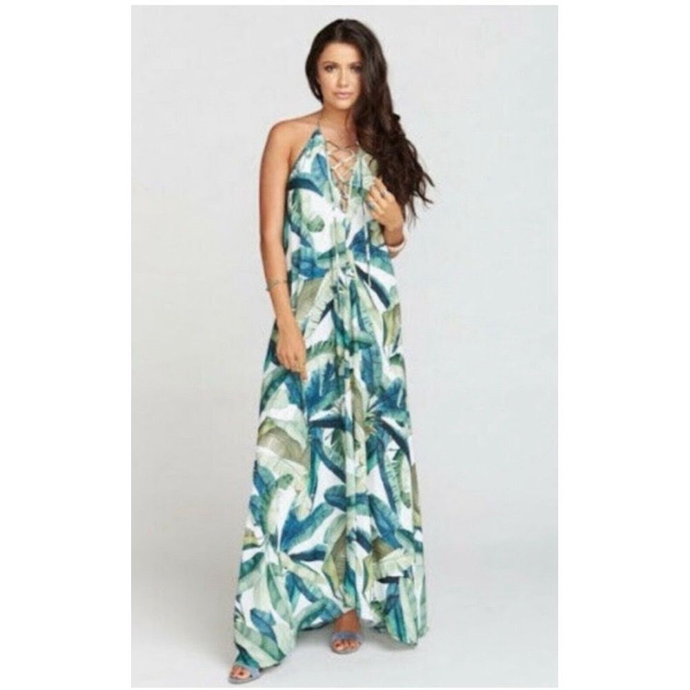 Show Me Your MuMu‎ Logan Lace Up green Banana Leaf Backless Maxi Small